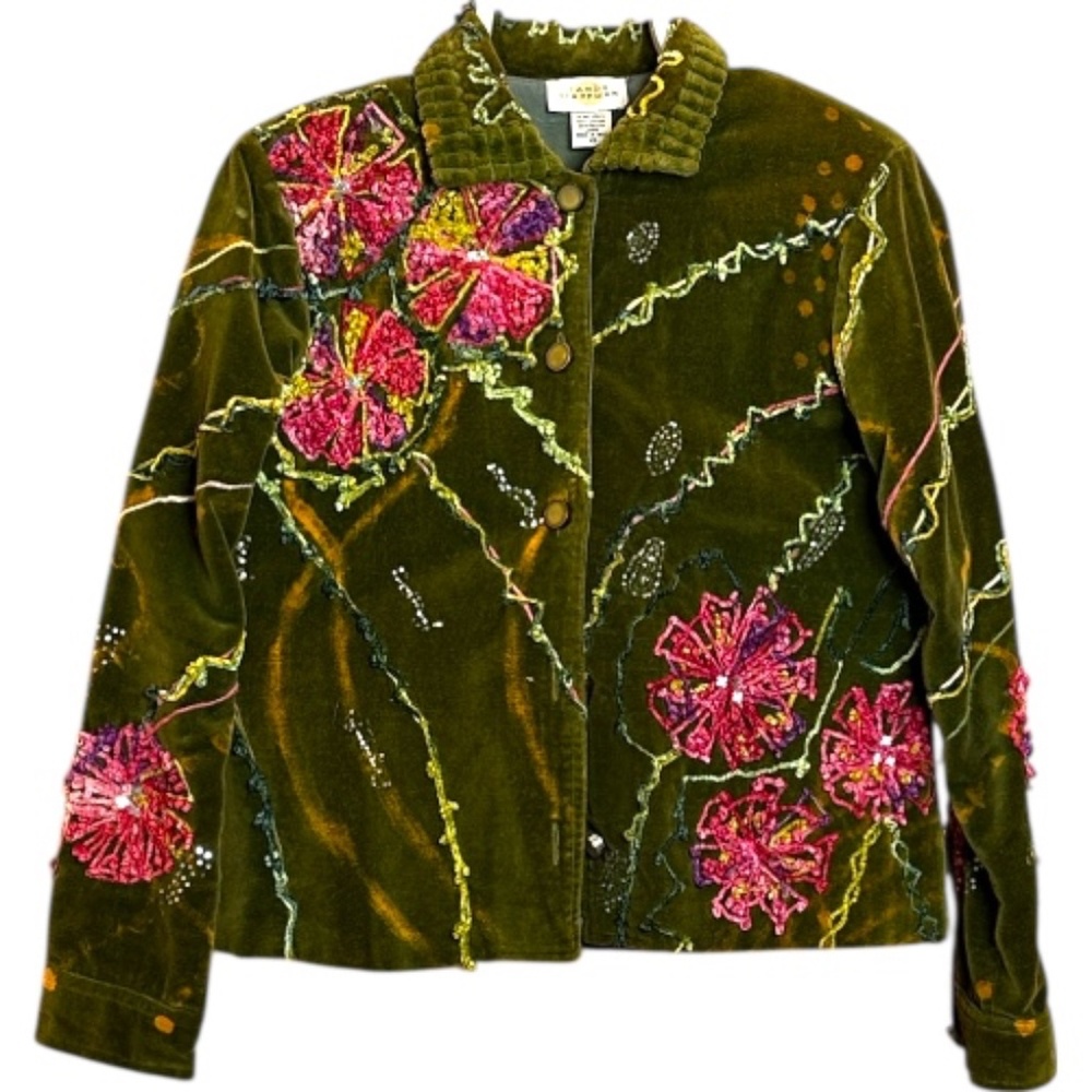 Sandy Starkman Olive Velvet Blazer with Pink Floral Embroidery